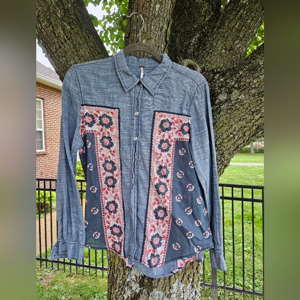 Free People Denim Bandana Print Shirt Small